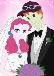 Size: 640x904 | Tagged: safe, artist:nathaniel718, derpibooru import, coach rommel, pinkie pie, human, equestria girls, anime style, cap, clothes, couple, female, hat, image, male, marriage, png, rommelpie, shipping, tuxedo, wedding