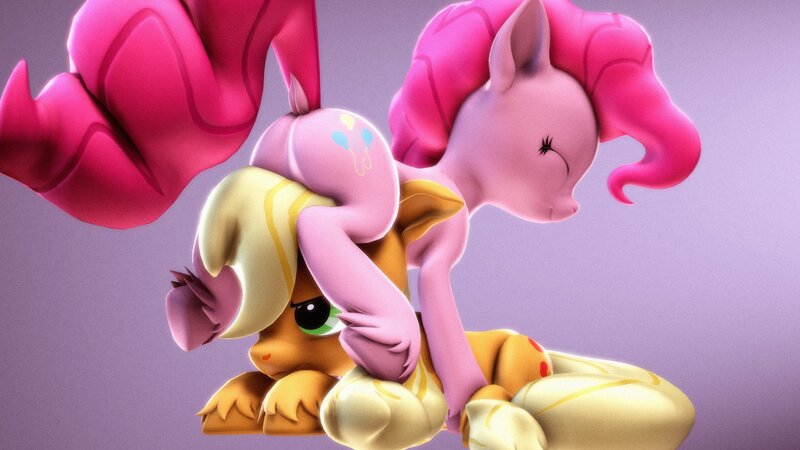 Size: 3840x2160 | Tagged: safe, artist:psfmer, derpibooru import, applejack, pinkie pie, earth pony, pony, 3d, applejack is not amused, applepie, asshat, balloonbutt, butt, dock, duo, duo female, female, image, jpeg, lesbian, shipping, sitting on, sitting on person, sitting on pony, source filmmaker, tail, unamused, unshorn fetlocks