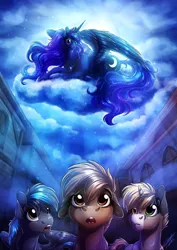 Size: 2896x4096 | Tagged: safe, artist:lupiarts, derpibooru import, princess luna, alicorn, pony, children of the night, absurd resolution, canterlot, cloud, female, high res, image, jpeg, male, outdoors, town