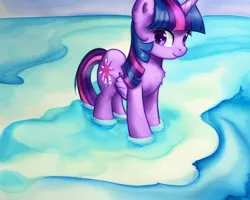 Size: 2560x2048 | Tagged: safe, derpibooru import, editor:felisamafeles, machine learning generated, stable diffusion, twilight sparkle, twilight sparkle (alicorn), alicorn, pony, cute, fur, g4, gouache, image, ocean, png, solo, traditional art, water, watercolor painting