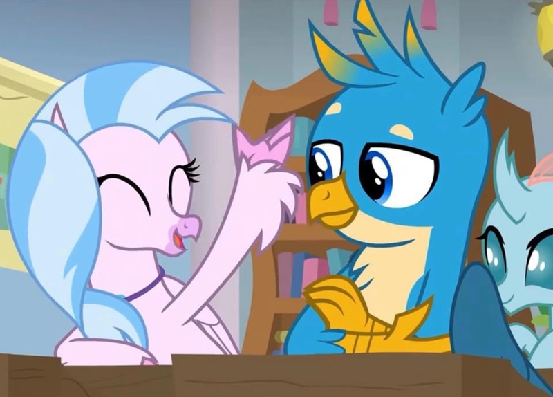 Size: 2160x1550 | Tagged: safe, derpibooru import, screencap, gallus, ocellus, silverstream, changeling, gryphon, hippogriff, a rockhoof and a hard place, bookshelf, classroom, cute, desk, excited, eyes closed, female, happy, image, jpeg, male, school