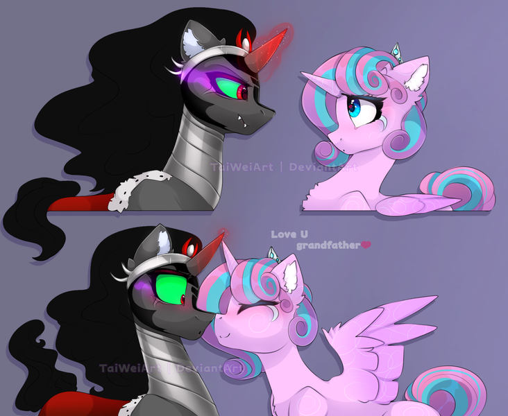 Size: 1831x1500 | Tagged: safe, artist:taiweiart, derpibooru import, king sombra, princess flurry heart, alicorn, pony, unicorn, 2 panel comic, blushing, comic, duo, duo male and female, female, glow, glowing horn, horn, image, male, mare, older, older flurry heart, png, snuggling, stallion