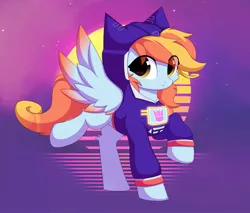 Size: 2541x2160 | Tagged: oc name needed, safe, artist:verlista, derpibooru import, oc, unofficial characters only, pegasus, pony, clothes, female, hoodie, image, jpeg, looking at you, mare, retrowave, solo, spread wings, transformers, wings, yellow eyes
