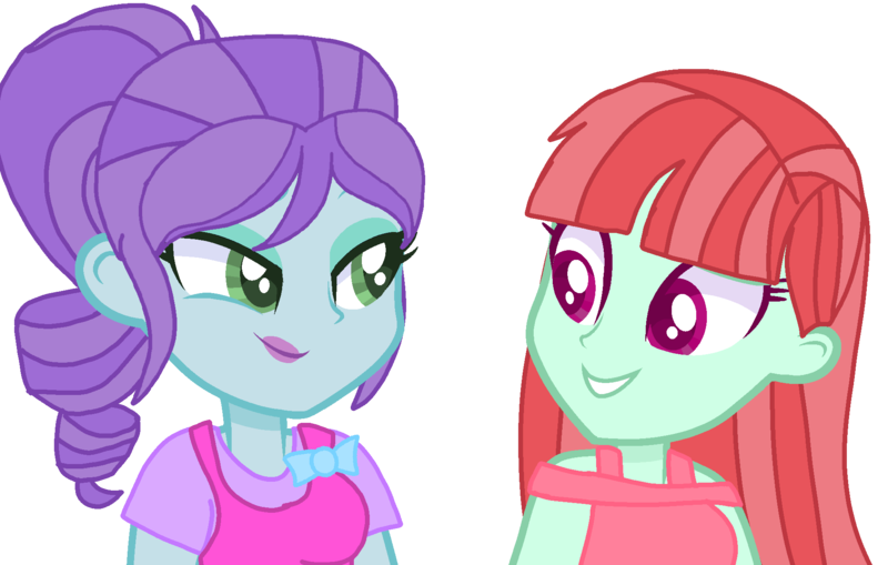 Size: 1917x1220 | Tagged: safe, artist:rainbowstarcolour262, derpibooru import, crystal lullaby, melon mint, human, equestria girls, alternate clothes, background human, clothes, duo, duo female, female, image, looking at each other, looking at someone, png, ponytail, shirt, simple background, sleeveless, sleeveless shirt, transparent background