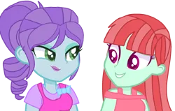 Size: 1917x1220 | Tagged: safe, artist:rainbowstarcolour262, derpibooru import, crystal lullaby, melon mint, human, equestria girls, alternate clothes, background human, clothes, duo, duo female, female, image, looking at each other, looking at someone, png, ponytail, shirt, simple background, sleeveless, sleeveless shirt, transparent background