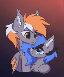 Size: 1010x1200 | Tagged: safe, artist:verlista, derpibooru import, oc, unnamed oc, bat pony, bat pony oc, bat wings, blue eyes, brother and sister, duo, eye contact, female, gradient background, image, jpeg, looking at each other, looking at someone, male, siblings, simple background, smiling, wings, yellow eyes