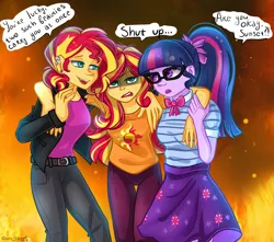 Size: 2100x1856 | Tagged: safe, artist:yuris, derpibooru import, sci-twi, sunset shimmer, twilight sparkle, human, equestria girls, equestria girls series, clone, dialogue, female, image, lesbian, lgbt, open mouth, paradox, png, self paradox, self ponidox, selfcest, shipping, simple background, smiling