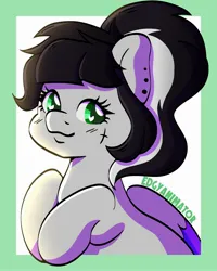 Size: 2000x2500 | Tagged: safe, artist:edgyanimator, derpibooru import, oc, oc:lunar dash, pegasus, pony, bangs, black and white hair, black and white mane, black hair, black mane, bust, cel shading, colored wings, cross, cute, cute smile, digital art, ear piercing, eyelashes, female, firealpaca, fluffy hair, folded wings, gray coat, green eyes, hooves together, image, jpeg, light, lineart, looking at you, mare, multicolored wings, pegasus oc, piercing, ponytail, portrait, shading, signature, simple, simple background, simple shading, smiling, solo, tattoo, white background, wingding eyes, wings