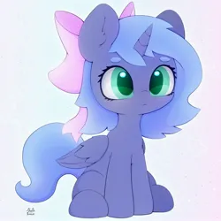 Size: 3000x3000 | Tagged: safe, artist:zokkili, derpibooru import, princess luna, alicorn, pony, bow, cute, female, filly, hair bow, image, jpeg, lunabetes, s1 luna, sitting, solo, woona, younger