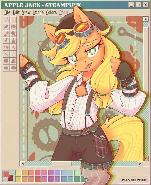 Size: 1589x1944 | Tagged: safe, artist:musicfirewind, derpibooru import, applejack, earth pony, pony, clothes, goggles, image, jpeg, looking at you, ms paint, smiling, smirk, solo, standing on two hooves, steampunk, suspenders