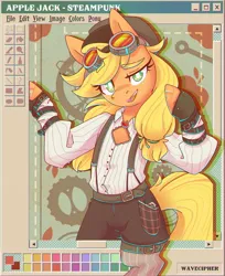 Size: 1589x1944 | Tagged: safe, artist:musicfirewind, derpibooru import, applejack, earth pony, pony, clothes, goggles, image, jpeg, looking at you, ms paint, smiling, smirk, solo, standing on two hooves, steampunk, suspenders