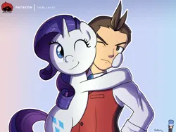 Size: 1000x750 | Tagged: safe, artist:thealjavis, derpibooru import, rarity, human, pony, unicorn, ace attorney, apollo justice, commissioner:imperfectxiii, crossover, crossover shipping, hug, image, one eye closed, png, shipping, signature, simple background, trio, trucy wright, varying degrees of want, wink