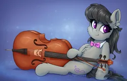Size: 2185x1401 | Tagged: safe, artist:zeepheru_pone, derpibooru import, octavia melody, earth pony, pony, bow (instrument), bowtie, cello, chest fluff, ear fluff, female, image, looking at you, mare, musical instrument, png, sitting, smiling, solo