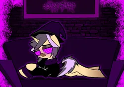 Size: 1143x800 | Tagged: safe, artist:xxv4mp_g4z3rxx, derpibooru import, oc, unofficial characters only, pony, unicorn, brick wall, clothes, couch, eyeshadow, hat, horn, hypno eyes, image, makeup, png, signature, solo, sweater, tail, turtleneck, two toned mane, two toned tail, unicorn oc, witch hat