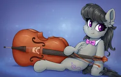 Size: 2185x1401 | Tagged: safe, alternate version, artist:zeepheru_pone, derpibooru import, octavia melody, earth pony, pony, bow (instrument), bowtie, chest fluff, double bass, ear fluff, female, image, looking at you, mare, musical instrument, png, sitting, smiling, solo