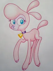 Size: 3024x4032 | Tagged: safe, artist:ivanstrelnikov_, derpibooru import, sheep, them's fightin' herds, bell, bell collar, collar, colored pencil drawing, community related, frown, full body, image, jpeg, lamb, looking at you, no pupils, pom (tfh), raised hoof, simple background, traditional art, white background