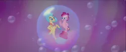 Size: 1600x668 | Tagged: safe, derpibooru import, screencap, pinkie pie, princess skystar, seapony (g4), my little pony: the movie, bubble, dancing, female, image, in bubble, jpeg, one small thing, seaponified, seapony pinkie pie, species swap, underwater