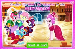 Size: 1967x1302 | Tagged: safe, derpibooru import, official, applejack, fluttershy, pinkie pie, rainbow dash, rarity, twilight sparkle, twilight sparkle (alicorn), alicorn, earth pony, pegasus, pony, unicorn, advertisement, clothes, collection, dress, english, feather, female, folded wings, gameloft, group, hairband, hat, horn, image, jpeg, mare, mobile game, my little pony: magic princess, sassy-parilla, spread wings, text, wings