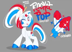 Size: 1200x869 | Tagged: safe, artist:zombie, derpibooru import, oc, oc:rocket pop, ponified, unofficial characters only, food pony, original species, pony, unicorn, adoptable, cutie mark, food, freckles, heterochromia, hooves, horn, image, jpeg, licking, licking lips, looking at you, ponytail, popsicle, solo, tongue out, unicorn oc