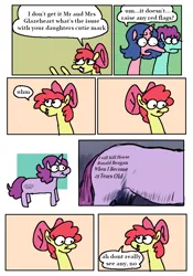 Size: 2663x3815 | Tagged: safe, artist:punkittdev, derpibooru import, apple bloom, oc, earth pony, pony, unicorn, body writing, comic, cutie mark, dialogue, female, filly, foal, high res, image, implied assassination, male, mare, png, ronald reagan, stallion, text
