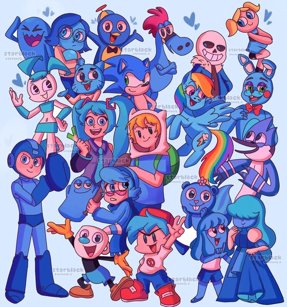 Size: 1916x2048 | Tagged: safe, artist:starblack_20, derpibooru import, rainbow dash, anthro, bird, blue jay, cat, hedgehog, human, pegasus, penguin, pony, robot, squirrel, wobbuffet, adventure time, anime, bloo (foster's), blue, bone, boyfriend (friday night funkin), bubbles (powerpuff girls), crossover, crystal gems, cuphead, finn the human, five nights at freddy's, foster's home for imaginary friends, friday night funkin', gumball watterson, hatsune miku, image, imaginary friend, inside out, jenny wakeman, jpeg, leek, light blue background, mega man (series), megaman, mordecai, mugman, my life as a teenage robot, mystery skulls, pablo, pokémon, regular show, sadness (inside out), sans (undertale), sapphire (steven universe), simple background, skeleton, smiling, sonic the hedgehog, sonic the hedgehog (series), standing, steven universe, sylvia (wander over yonder), the amazing world of gumball, the backyardigans, the powerpuff girls, toy bonnie, undertale, vivi, vocaloid, wander over yonder