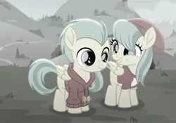 Size: 2160x1510 | Tagged: safe, derpibooru import, screencap, barley barrel, pickle barrel, pegasus, pony, rainbow roadtrip, barrel twins, brother and sister, clothes, cute, excited, excitement, fangirl, female, grass, gray, grin, happy, hat, hill, hoodie, image, jpeg, male, shirt, siblings, smiling, t-shirt, twins