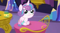 Size: 2160x1210 | Tagged: safe, derpibooru import, screencap, princess flurry heart, alicorn, pony, a flurry of emotions, baby, baby food, baby pony, chair, cute, female, happy, image, jar, jpeg, mashed peas, smiling, solo, solo female, table, twilight's castle