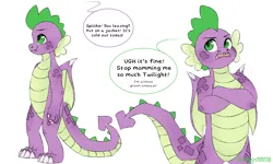 Size: 2000x1200 | Tagged: safe, artist:dozyarts, derpibooru import, spike, dragon, braces, crossed arms, dialogue, image, implied twilight sparkle, older, older spike, png, simple background, solo, speech bubble, white background, winged spike, wings