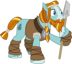 Size: 698x621 | Tagged: safe, artist:pascalmulokozi2, derpibooru import, rockhoof, earth pony, pony, braid, braided tail, image, leg wraps, male, open mouth, png, rockhoof's shovel, shovel, solo, stallion, tail, valknut