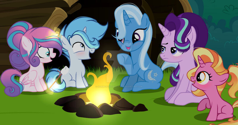 Size: 1280x675 | Tagged: safe, artist:harmonyvitality-yt, derpibooru import, luster dawn, princess flurry heart, starlight glimmer, trixie, pony, unicorn, base used, campfire, deviantart watermark, female, filly, foal, image, jpeg, mare, obtrusive watermark, older, older flurry heart, parent:prince blueblood, parent:trixie, smiling, watermark