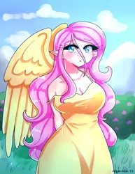 Size: 2975x3850 | Tagged: safe, artist:mylittleyuri, derpibooru import, fluttershy, human, blushing, breasts, bush, busty fluttershy, clothes, cloud, cute, dress, elf ears, female, flower, grass, humanized, image, pale skin, png, shyabetes, sky, solo, winged humanization, wings