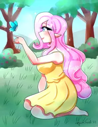 Size: 2975x3850 | Tagged: safe, artist:mylittleyuri, derpibooru import, fluttershy, butterfly, human, insect, barefoot, blushing, breasts, bush, busty fluttershy, clothes, cloud, cute, dress, elf ears, feet, female, flower, grass, humanized, image, kneeling, pale skin, png, shyabetes, sky, solo, tree, winged humanization, wings