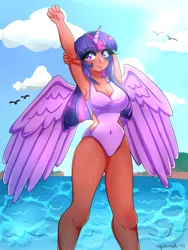 Size: 3024x4032 | Tagged: safe, artist:mylittleyuri, derpibooru import, twilight sparkle, bird, human, alicorn humanization, armpits, blushing, breasts, busty twilight sparkle, clothes, cloud, cute, dark skin, elf ears, female, horn, horned humanization, humanized, image, png, sky, solo, swimsuit, water, wet, winged humanization, wings