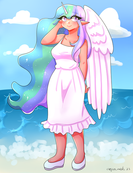 Size: 2975x3850 | Tagged: safe, artist:mylittleyuri, derpibooru import, princess celestia, human, alicorn humanization, beach, blushing, clothes, cloud, cute, cutelestia, dress, elf ears, female, flats, horn, horned humanization, humanized, image, png, shoes, sky, solo, tan skin, water, winged humanization, wings