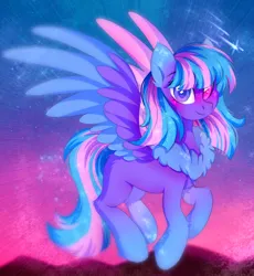 Size: 2250x2450 | Tagged: safe, artist:leah minik, derpibooru import, oc, oc:liana, unofficial characters only, pegasus, pony, chest fluff, colored wings, cute, ear fluff, female, flying, full body, heterochromia, image, looking at you, mare, mountain, mountain range, multicolored mane, multicolored tail, multicolored wings, pegasus oc, png, shooting star, sky background, smiling, smiling at you, solo, stars, tail, trade, wings