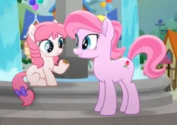 Size: 393x279 | Tagged: safe, derpibooru import, screencap, tulip bulb, tulip rose, earth pony, pony, rainbow roadtrip, bow, coin, cropped, duo, female, filly, foal, fountain, g4, grin, hope hollow, house, image, mare, mother and child, mother and daughter, outdoors, png, raised hoof, sitting, smiling, tail, tail bow, water