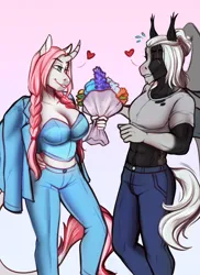 Size: 2430x3330 | Tagged: safe, artist:blackblood-queen, derpibooru import, oc, oc:rosie quartz, oc:victor bates, unofficial characters only, anthro, bat pony, pony, unguligrade anthro, unicorn, abs, anthro oc, bat pony oc, bat wings, big breasts, bouquet of flowers, breasts, busty oc, clothes, couple, curved horn, eye scar, eyes closed, facial scar, fangs, female, flower, gradient background, heart, horn, image, male, mare, oc x oc, pants, png, scar, shipping, stallion, straight, unicorn oc, wings