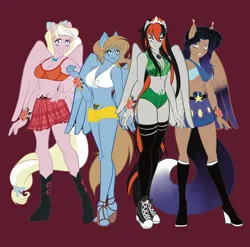 Size: 2048x2024 | Tagged: suggestive, artist:crimsonglow, derpibooru import, oc, oc:alexus nictivia, oc:bay breeze, oc:cannon car, oc:lusty symphony, unofficial characters only, anthro, pegasus, unguligrade anthro, agent alabastor amril, boots, bow, breasts, camouflage, cleavage, clothes, converse, ear piercing, earring, female, females only, group shot, hair bow, halter top, heterochromia, image, jewelry, jpeg, midriff, miniskirt, necklace, pendant, piercing, sailor moon, sandals, shoes, shorts, skirt, socks, style emulation, tattoo, underboob, wings, womb tattoo