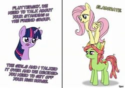 Size: 2381x1689 | Tagged: safe, artist:banquo0, derpibooru import, fluttershy, tree hugger, twilight sparkle, earth pony, pegasus, pony, unicorn, 2 panel comic, bloodshot eyes, comic, dreadlocks, female, image, jpeg, lidded eyes, mare, open mouth, pun, simple background, smiling, stack, text, visual pun, white background