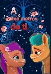 Size: 720x1048 | Tagged: safe, artist:karina11494591, derpibooru import, hitch trailblazer, sunny starscout, pony, book cover, cover, duo, duo male and female, female, flower, flower in hair, g5, image, jpeg, looking at each other, looking at someone, male, mare, spanish, stallion, two meters from you