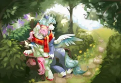 Size: 3392x2316 | Tagged: safe, artist:pledus, derpibooru import, oc, unofficial characters only, alicorn, butterfly, insect, pegasus, pony, bush, clothes, commission, cute, duo, eyes closed, female, forest, high res, hug, image, male, mare, ocbetes, open mouth, png, scarf, shared clothing, shared scarf, sitting, spread wings, spring, stallion, striped scarf, tree, winghug, wings