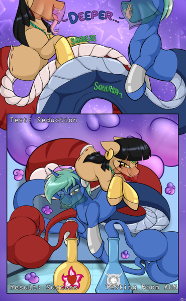 Size: 2060x3337 | Tagged: questionable, alternate version, artist:novaspark, artist:suspega, derpibooru import, part of a set, oc, oc:nova spark, oc:sahara, unofficial characters only, genie, lamia, original species, bedroom eyes, belly, bottle, bulges, ear piercing, earring, fangs, forked tongue, geniefied, image, jewelry, lamiafied, long tongue, looking at you, oral vore, piercing, png, species swap, tail, tail bulge, tongue out, veil, vore