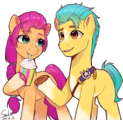 Size: 2000x1940 | Tagged: safe, artist:xiaowu07, derpibooru import, hitch trailblazer, sunny starscout, earth pony, pony, duo, female, g5, image, male, png, ponytail, sheriff's badge, simple background, smoothie, white background