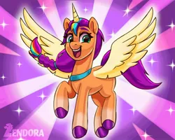 Size: 2048x1638 | Tagged: safe, artist:zendora, derpibooru import, sunny starscout, alicorn, pony, my little pony: a new generation, alicornified, artificial horn, artificial wings, augmented, female, g5, horn, image, jpeg, magic, magic horn, magic wings, mare, race swap, solo, sparkles, spread wings, sunnycorn, wings