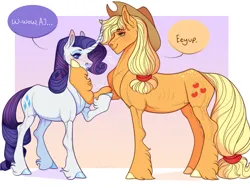 Size: 1359x1024 | Tagged: safe, artist:snowberry, derpibooru import, applejack, rarity, earth pony, pony, unicorn, abstract background, blonde, blushing, cowboy hat, curved horn, dialogue, duo, ear blush, eyeshadow, female, flexing, fluffy, flustered, freckles, hair tie, hat, heart, height difference, horn, image, lesbian, makeup, mare, open mouth, png, rarijack, realistic horse legs, shipping, size difference, smiling, stetson, unshorn fetlocks