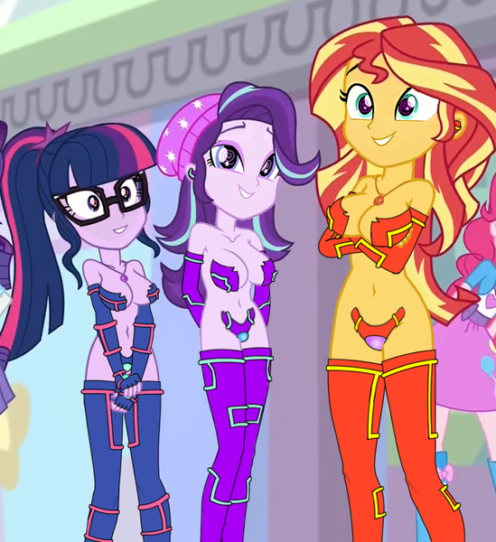 Size: 917x1002 | Tagged: suggestive, derpibooru import, starlight glimmer, sunset shimmer, twilight sparkle, equestria girls, image, mind control, png, slavekini