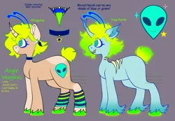 Size: 5128x3545 | Tagged: safe, artist:angie imagines, derpibooru import, oc, oc:angie imagines, unofficial characters only, alien, alien pony, pony, unicorn, antennae, choker, clothes, curved horn, ear piercing, earring, glowing mane, gray background, green tongue, heart, heart eyes, horn, image, jewelry, jpeg, mane of fire, markings, maw, nonbinary, piercing, sharp teeth, simple background, socks, solo, stars, teal eyes, teeth, unshorn fetlocks, wingding eyes