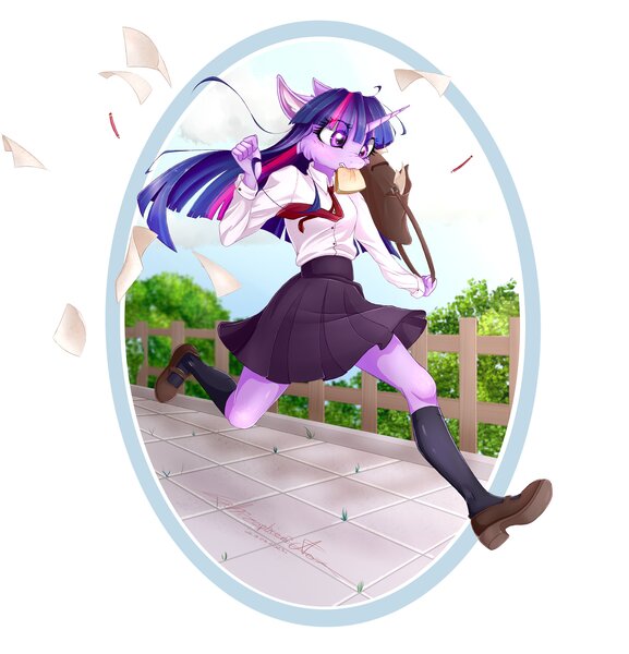 Size: 3436x3570 | Tagged: safe, artist:schizophrenicfox, derpibooru import, twilight sparkle, anthro, plantigrade anthro, bag, bread, button-up shirt, clothes, dress shirt, food, image, jpeg, messenger bag, necktie, running, school uniform, shirt, shoes, skirt