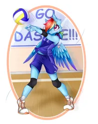 Size: 2014x2550 | Tagged: safe, artist:schizophrenicfox, derpibooru import, rainbow dash, anthro, clothes, gymnasium, image, jersey, jpeg, knee pads, shoes, sports, sports outfit, volleyball
