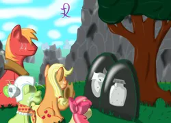 Size: 1250x900 | Tagged: safe, artist:lukasz, derpibooru import, apple bloom, applejack, big macintosh, earth pony, pony, brother and sister, cowboy hat, crying, female, filly, foal, grandchild, granddaughter, grandmother, grandmother and grandchild, grandmother and granddaughter, grandmother and grandson, grandson, grave, gravestone, grayscale, hat, image, male, mare, monochrome, png, rest in peace, ribbon, siblings, sisters, stallion, tears of pain, teary eyes, tree